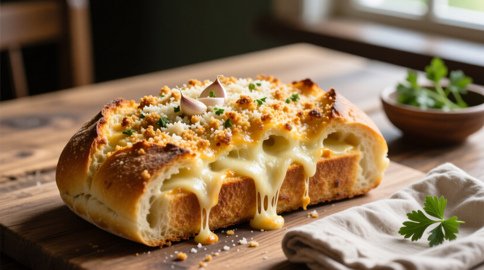 Golden garlic parmesan bread with melted cheese