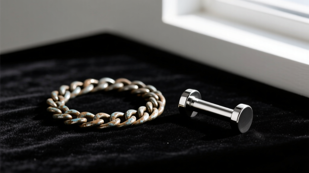 Flat lay comparison of a tarnished alloy belly chain next to a polished implant-grade titanium navel bar on dark velvet
