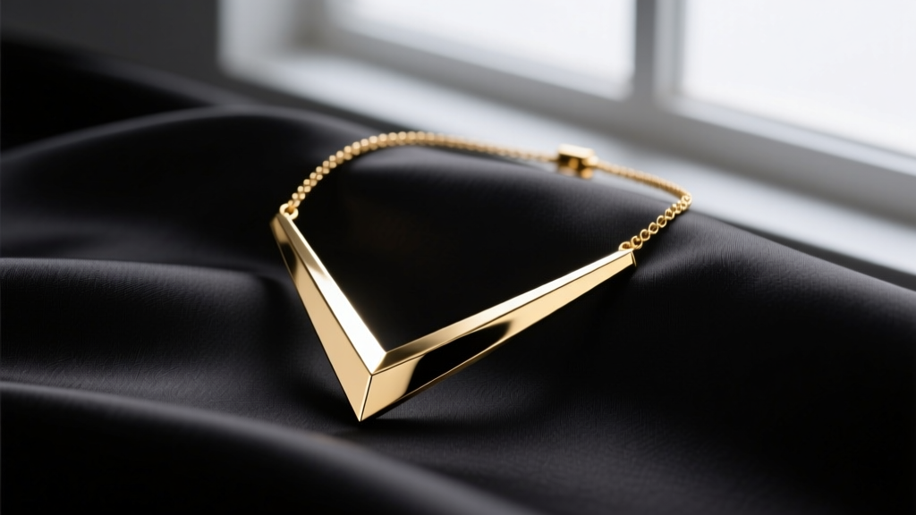Minimalist 14k gold V-bar angle necklace on dark silk, soft lighting highlighting the sharp geometric edges and polished finish.