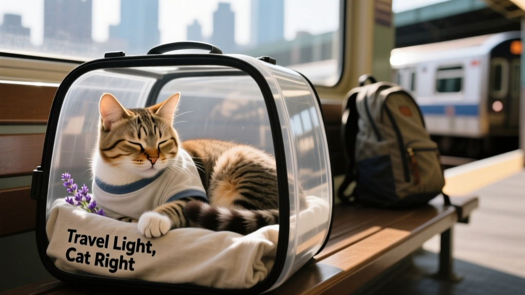Close-up of a cat resting peacefully inside a carrier lined with a soft, scented T-shirt