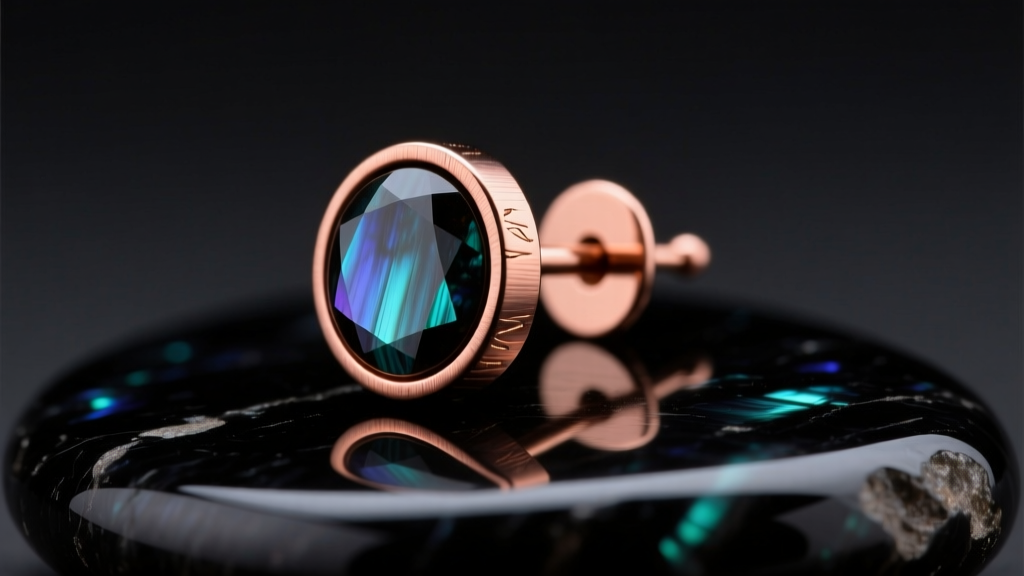 Close-up of a copper magnetic stud earring on dark tourmaline, lit by soft studio light showing metal grain and mineral texture