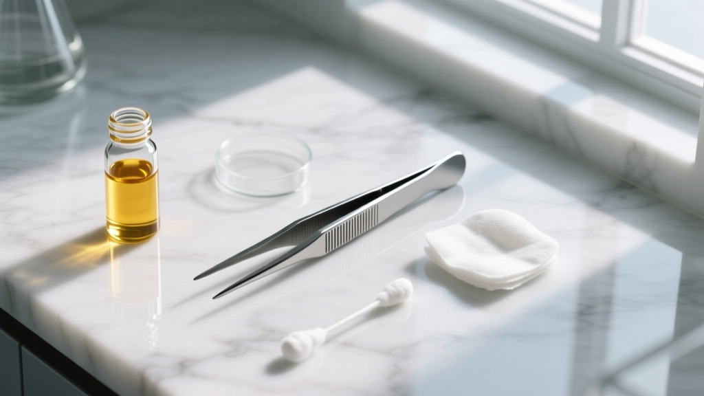 Overhead view of an extraction setup with fine tweezers, jojoba oil, and saline swabs resting on a clean white marble surface.