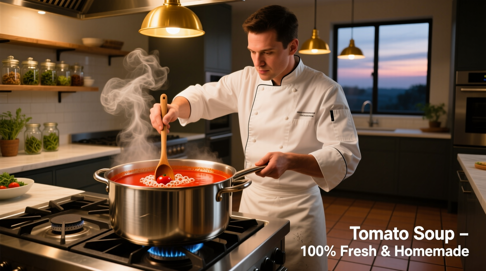Chef stirring vibrant red tomato soup in stainless steel pot