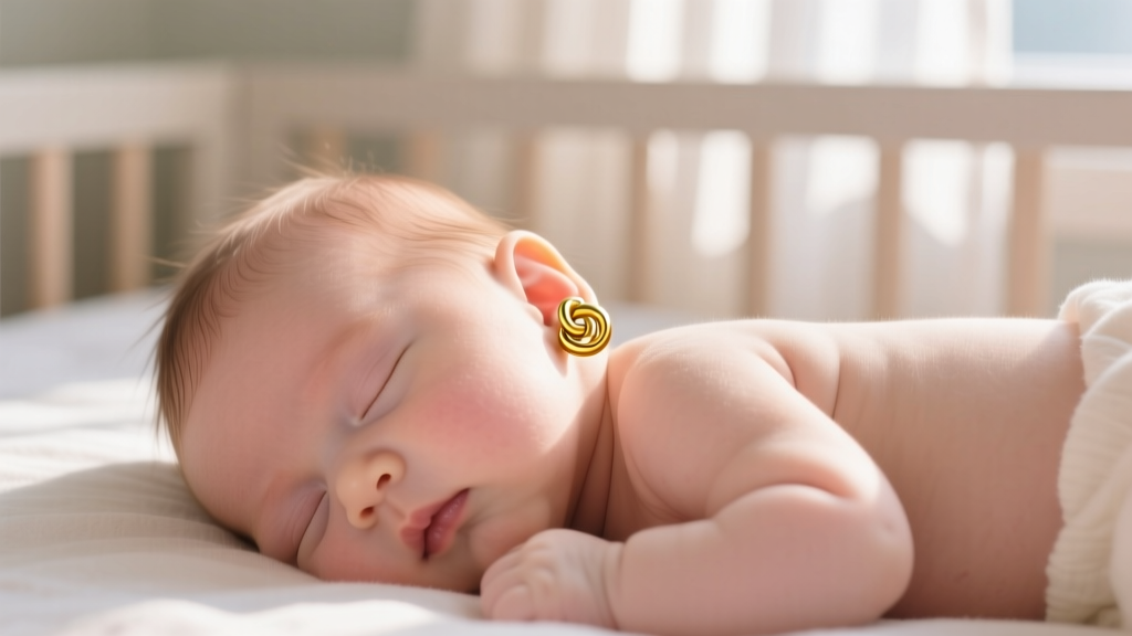 Sleeping infant wearing tiny 3mm 14k yellow gold knot earrings with secure screw-in backings in soft natural nursery lighting