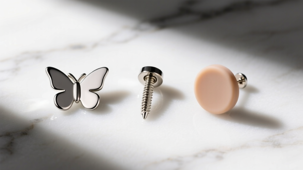 Top-down view on marble comparing a steel butterfly back, a titanium screw-back, and a silicone disc backing earring side-by-side