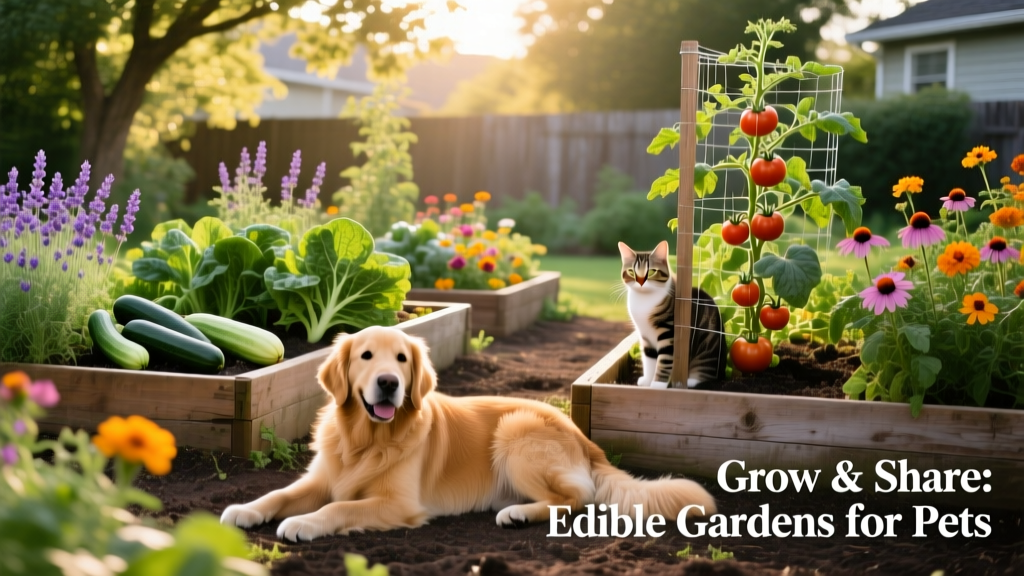 A vibrant, sunlit backyard Victory garden with raised beds, zucchini plants, and pollinator-friendly flowers