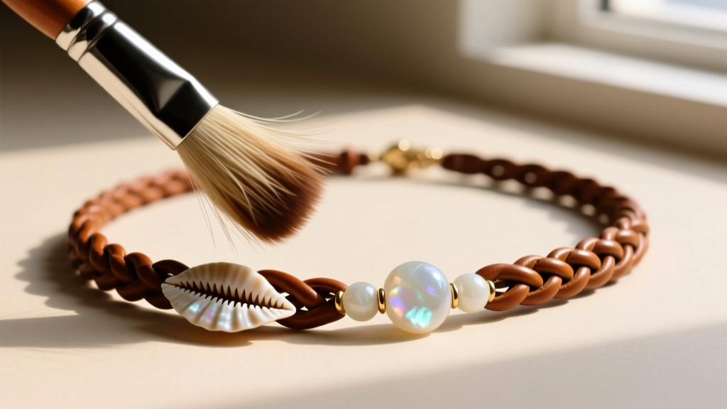 A horsehair brush gently cleaning a hybrid necklace of braided brown leather, carved conch shell, and smooth moonstone beads.