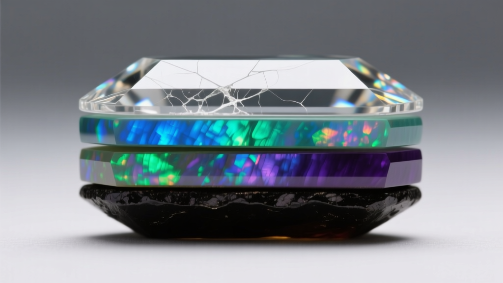 Side view photo showing layers of an opal triplet, featuring a clear quartz cap, thin opal slice, and dark potch backing layer