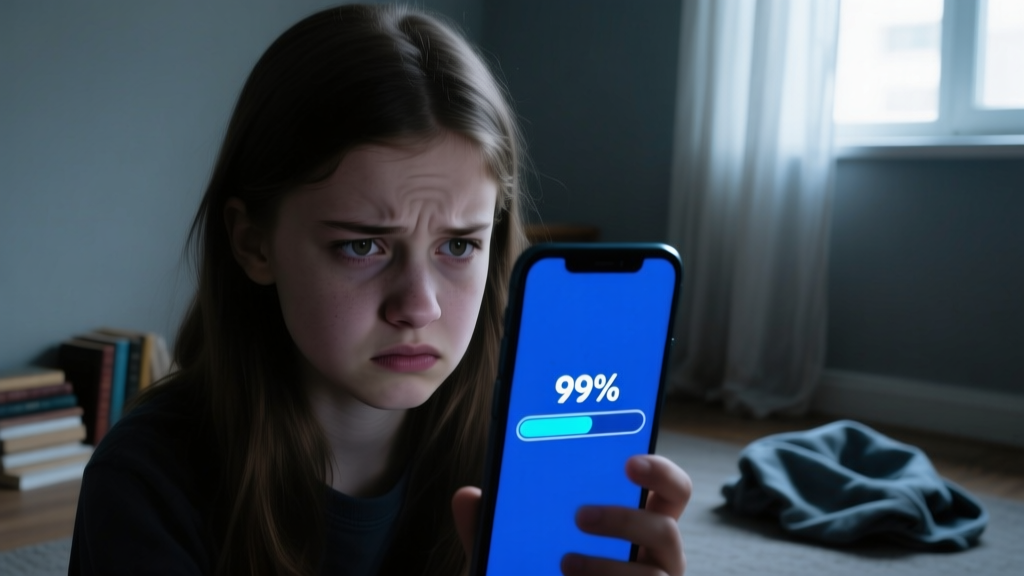 Close-up of a frustrated teenager staring at a smartphone stuck on a frozen 99 percent progress bar in a dimly lit room