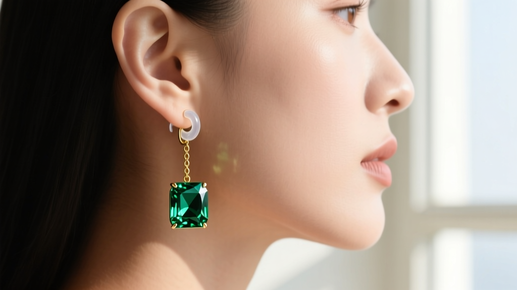 Side-profile view of an earlobe wearing a heavy gemstone drop earring secured tightly with a clear silicone French hook stopper.