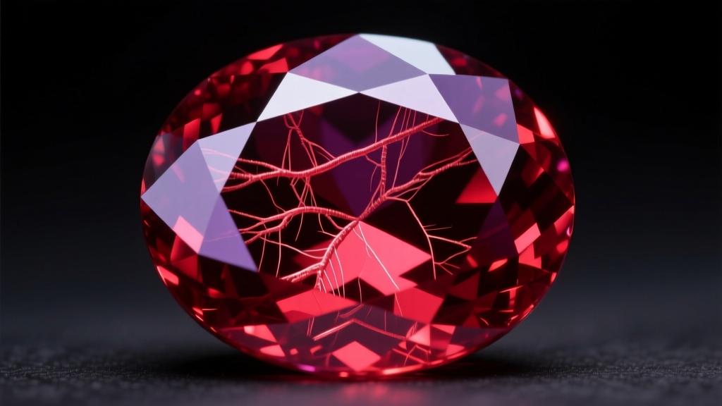 Macro photography of a natural unheated Burmese ruby showing fine silk rutile inclusions, illuminated by darkfield gem lighting