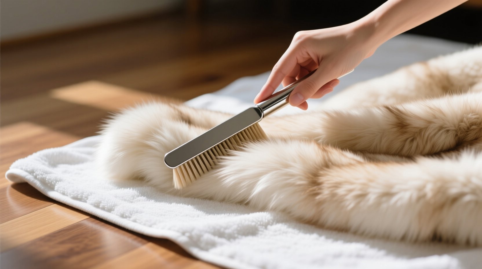 Close-up of a hand brushing a faux fur throw with a slicker brush, following the direction of the nap, over a clean white towel on a hardwood floor