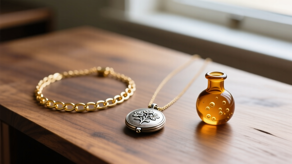 Three antique mustard seed necklaces on a wooden desk, showing a gold-filled chain, silver locket, and a small blown glass vial.