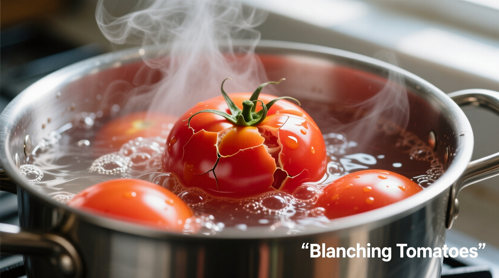 Tomatoes being blanched in boiling water