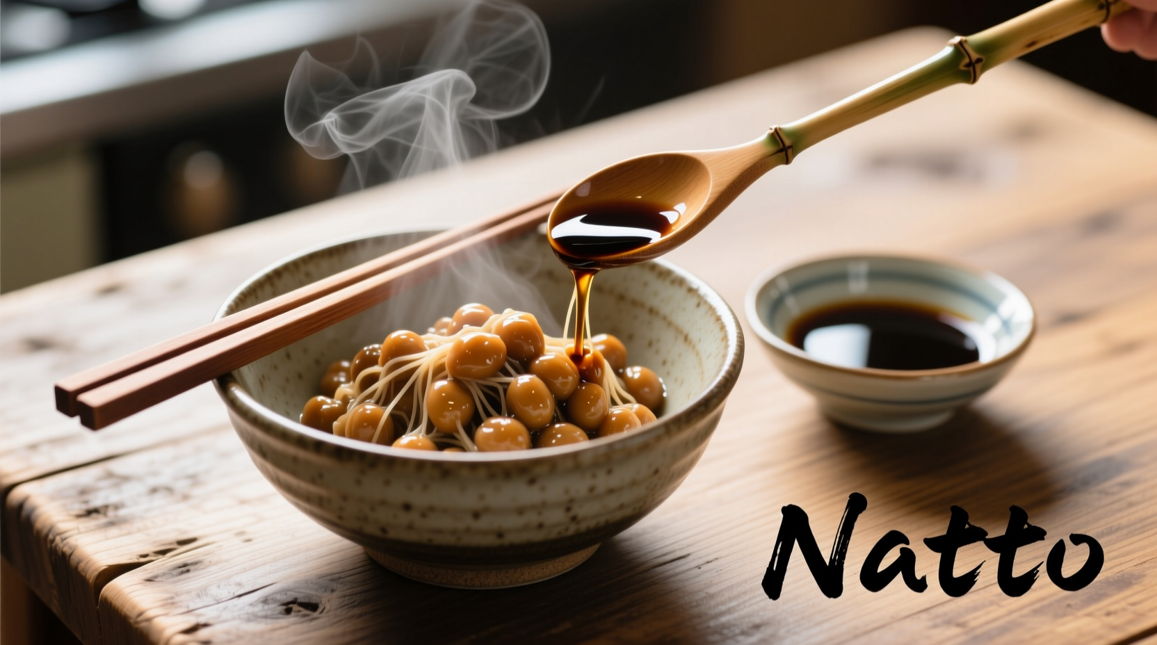 Traditional natto dish with chopsticks and soy sauce