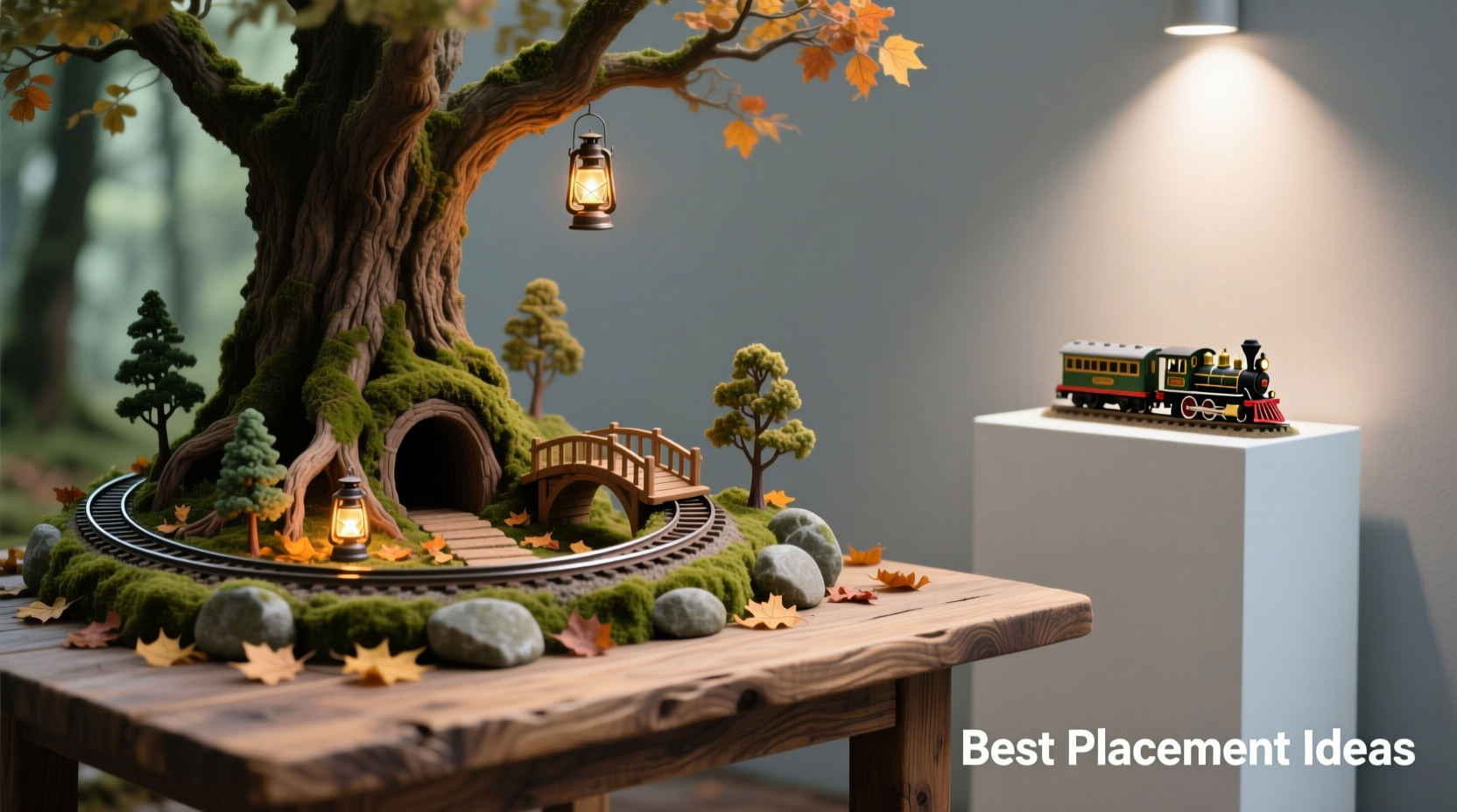 miniature train set under tree vs standalone display best placement ideas