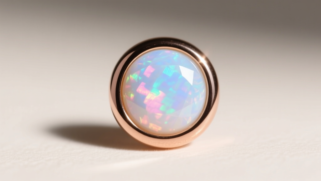 Macro shot of a 4mm round Australian white opal secured in a 14k rose gold bezel setting, highlighting the smooth metal rim edge.