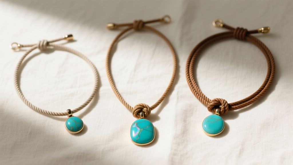 Flat lay of three adjustable slip knot necklaces with turquoise pendants on linen, showing varied cord thicknesses and earthy tones.