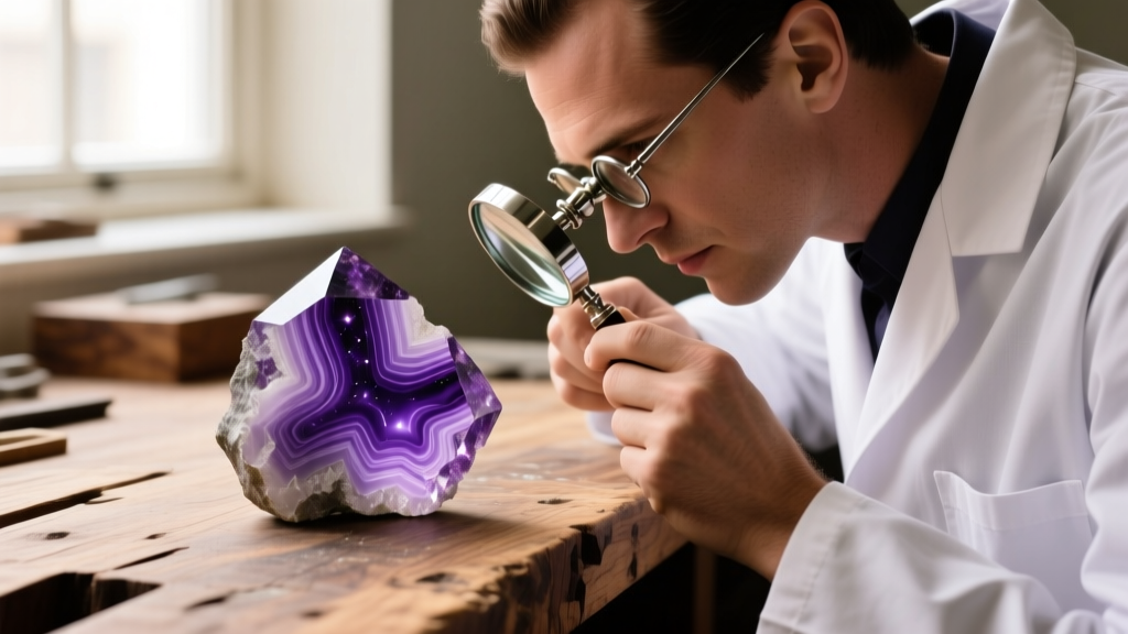 Jeweler using a loupe to inspect a raw tanzanite crystal showing natural purple zoning before heat treatment on a wooden workbench