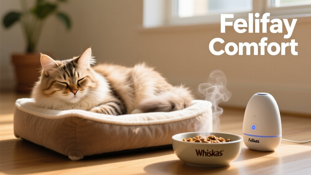 Cat resting peacefully on a soft, elevated bed beside a Feliway diffuser and a bowl of wet food