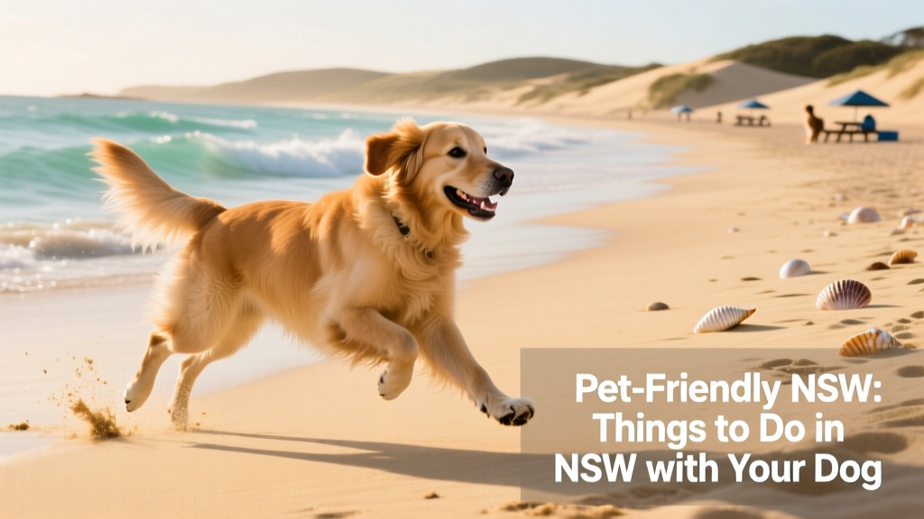 A happy dog running along a sandy beach with gentle waves in the background