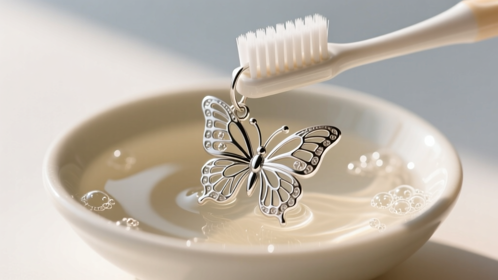 Soft toothbrush gently scrubbing the crevices of a sterling silver butterfly earring clutch submerged in warm, soapy water.