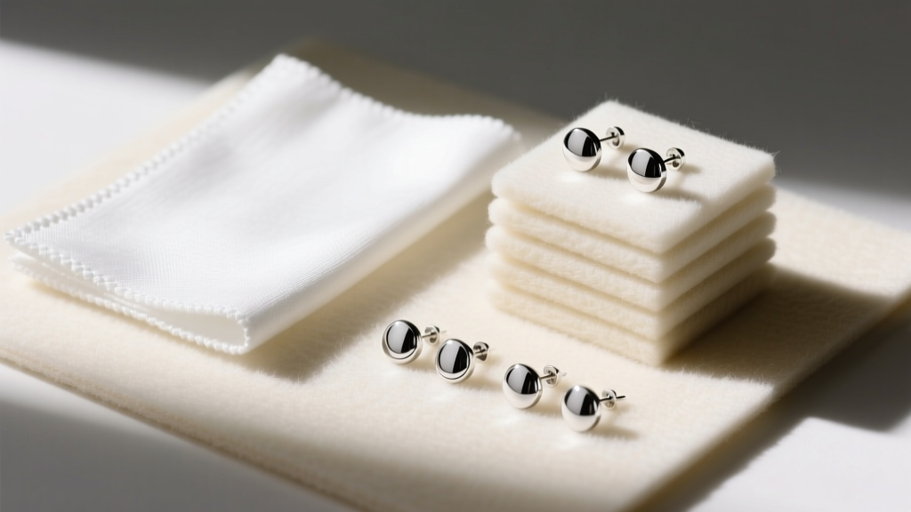 Top-down view of anti-tarnish cloth and acid-free felt arranged beside a neat pile of sterling silver stud earrings.
