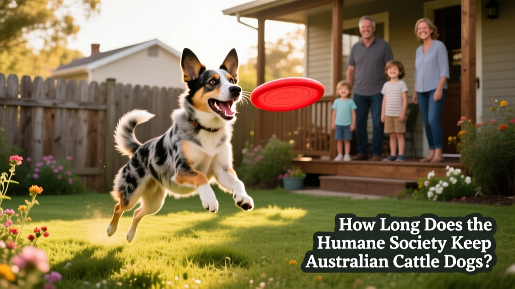 A happy Australian cattle dog playing fetch in a fenced backyard with a foster family
