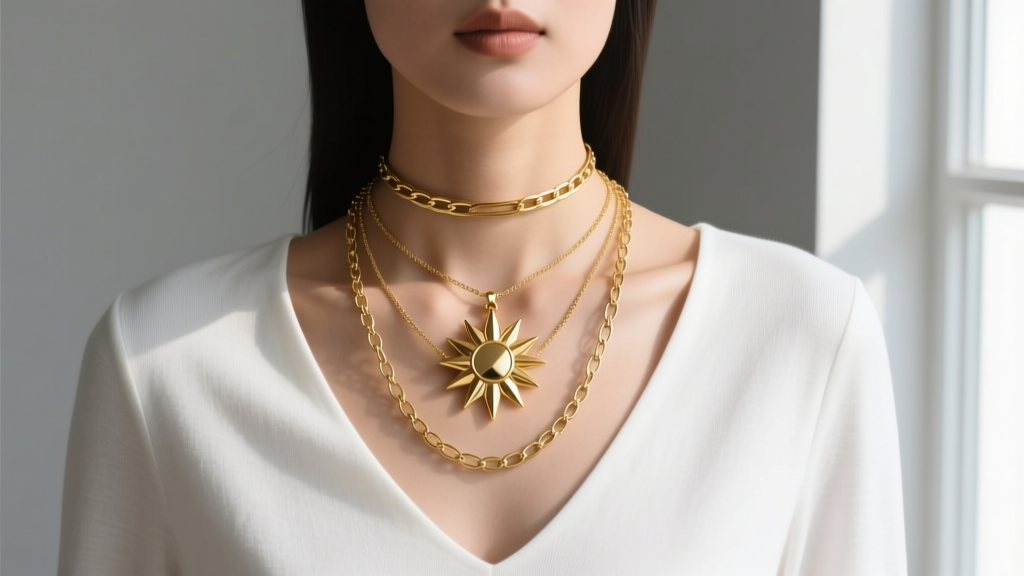 Layered stack with a 14-inch choker, an 18-inch sunburst gold necklace, and a 22-inch lariat over a white V-neck cotton top