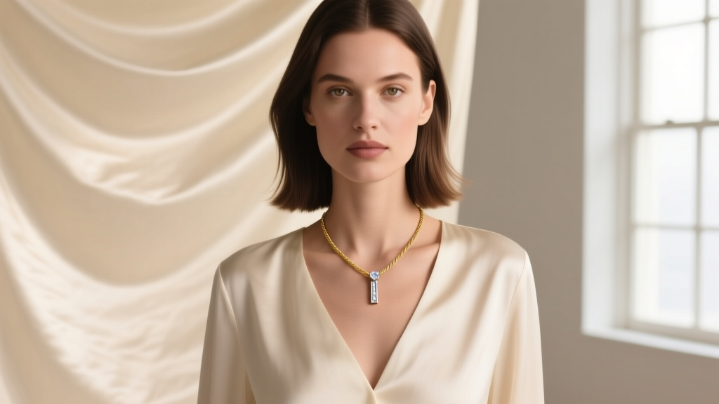 Woman wearing a delicate 1.2mm Lana Blake gold cable chain with a minimalist diamond bar pendant against a cream silk blouse