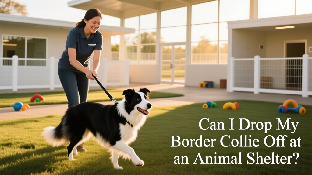 A volunteer gently walking a Border Collie on a leash inside a bright, clean shelter play yard