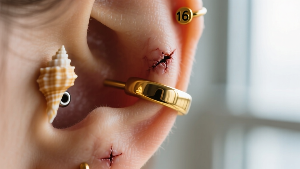 Macro shot of a healed conch piercing showing a fitted 16-gauge gold clicker ring with no visible tissue indentation or irritation