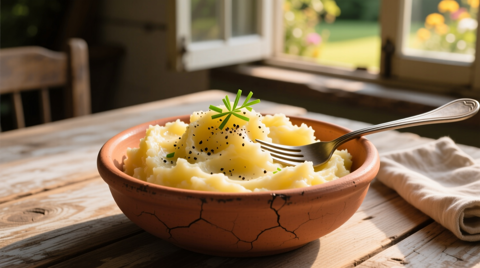 Creamy golden healthy mashed potatoes in a rustic bowl