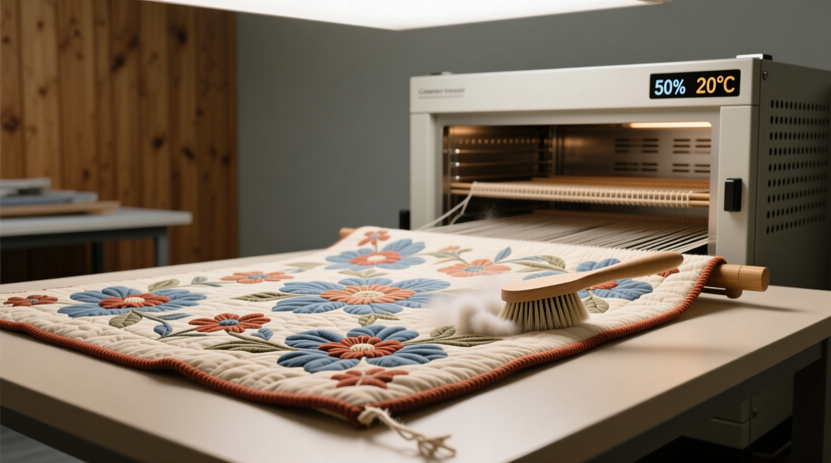professional cleaner handling antique silk comforter with embroidery, wet-cleaning equipment