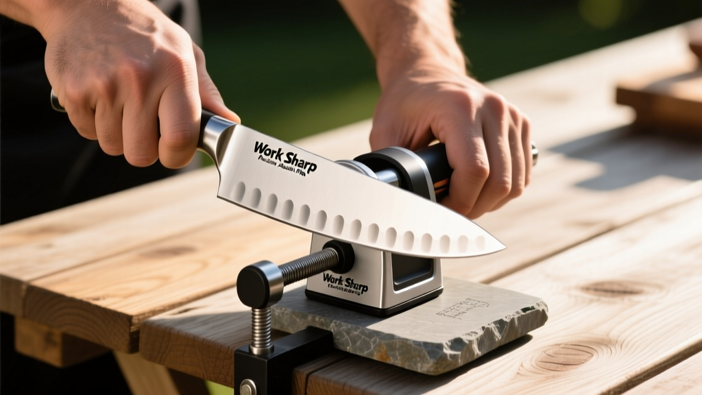 Close-up of hands using the Work Sharp Precision Adjust Elite Pro clamped to a wooden outdoor prep table sharpening a stainless steel chef knife
