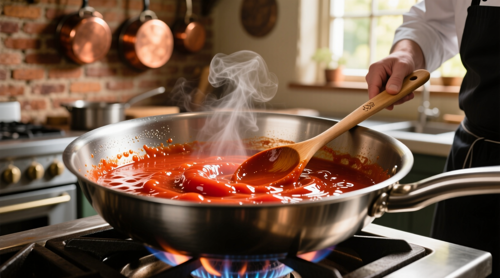 Chef reducing tomato sauce in stainless steel pan