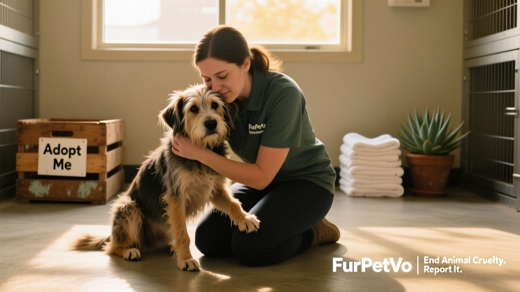 A compassionate volunteer gently comforting a rescued dog at a FurPetVo partner shelter