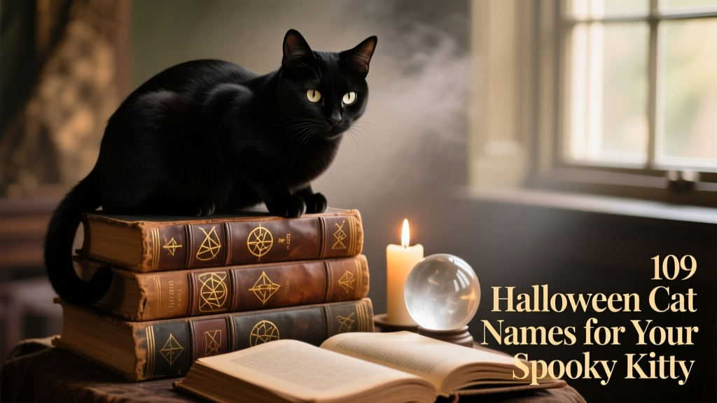 A black cat perched on a stack of vintage spellbooks beside a lit candle and a crystal ball