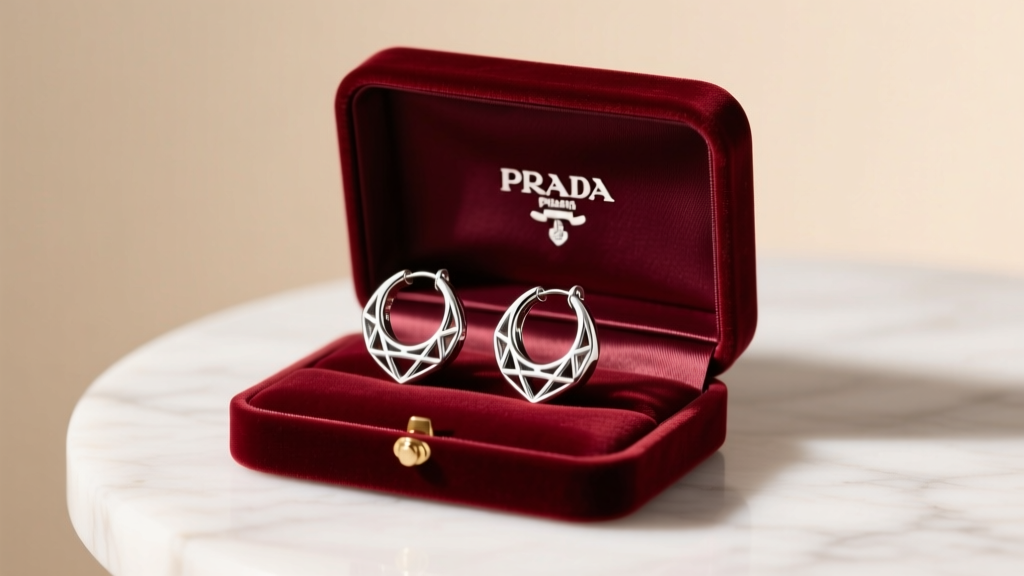 Open velvet jewelry box with an anti-tarnish cloth and silver-tone Prada resin hoop earrings under warm, diffused studio lighting