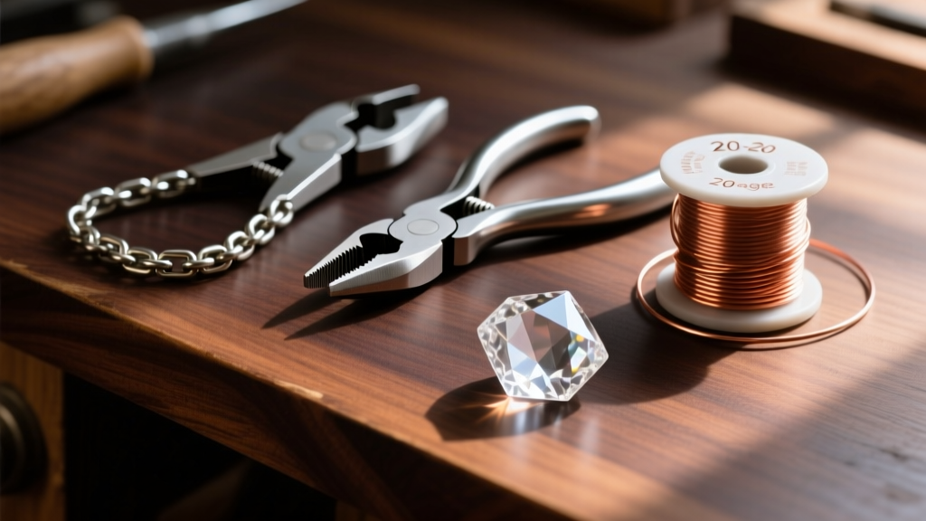 Flush cutters, chain nose pliers, 20-gauge copper wire, and a clear quartz briolette on a dark wooden workbench.