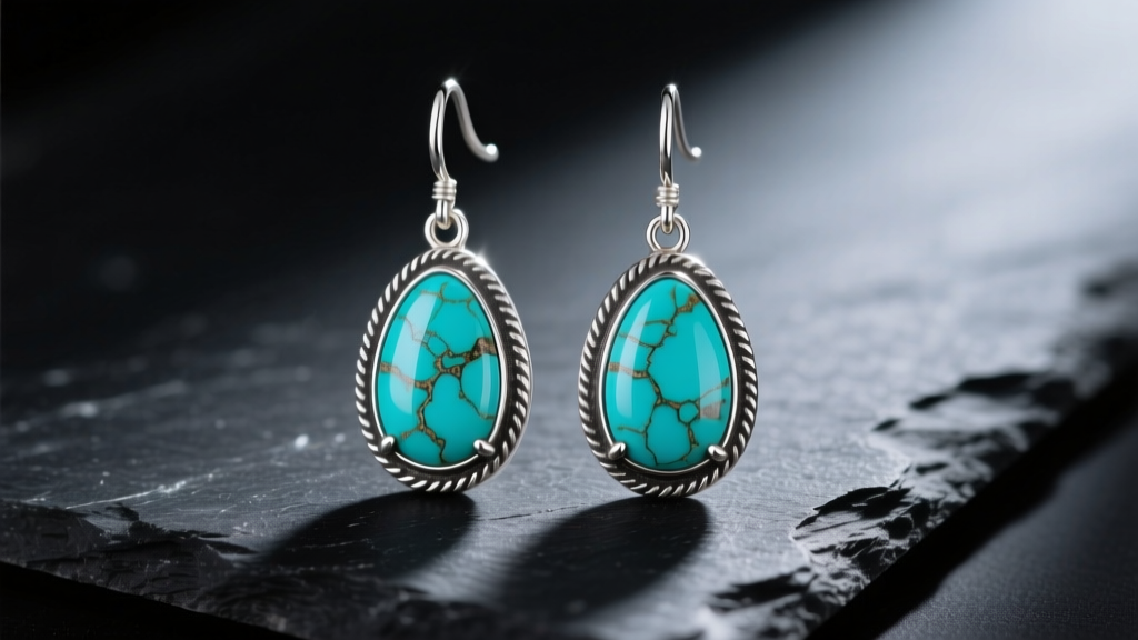 Genuine Sleeping Beauty turquoise drop earrings in oxidized 925 sterling silver resting on dark slate under soft studio lighting