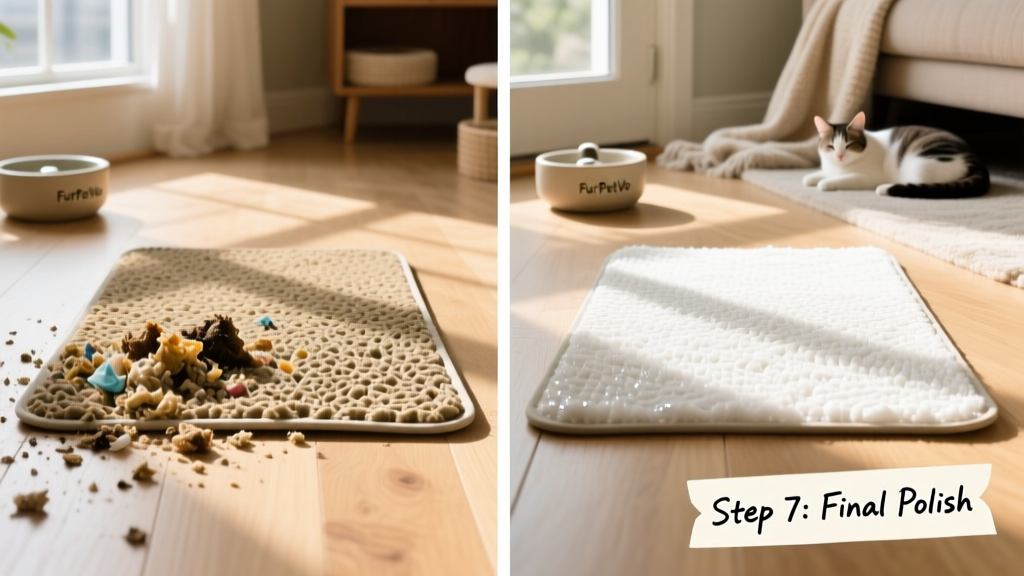 Side-by-side comparison showing a dirty FurPetVo mat before cleaning and the same mat sparkling clean afterward