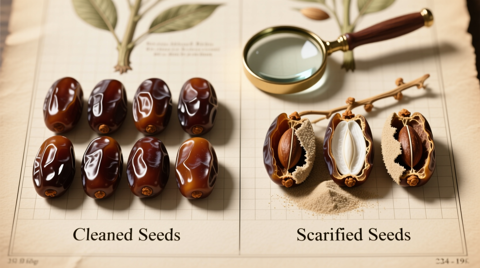 Date seed preparation showing cleaned seeds and scarification