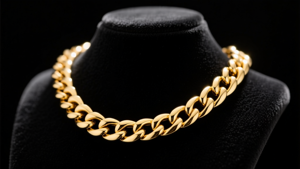 Close-up of a thick 12mm 14k yellow gold Cuban link chain resting on a black velvet display bust under dramatic studio lighting