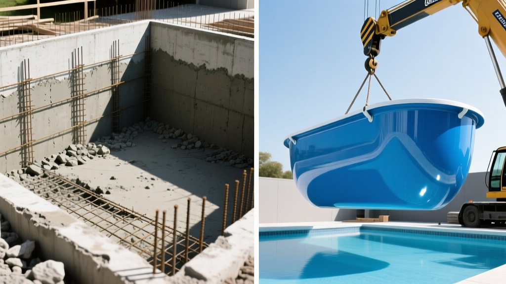 Split-view of rough gunite concrete pool shell with exposed rebar next to a smooth blue fibreglass pool shell lowered by crane