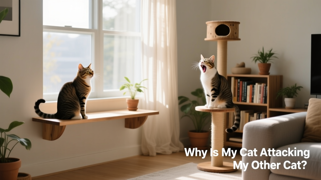Two cats sitting at opposite ends of a room, each on their own perch, looking relaxed but not interacting
