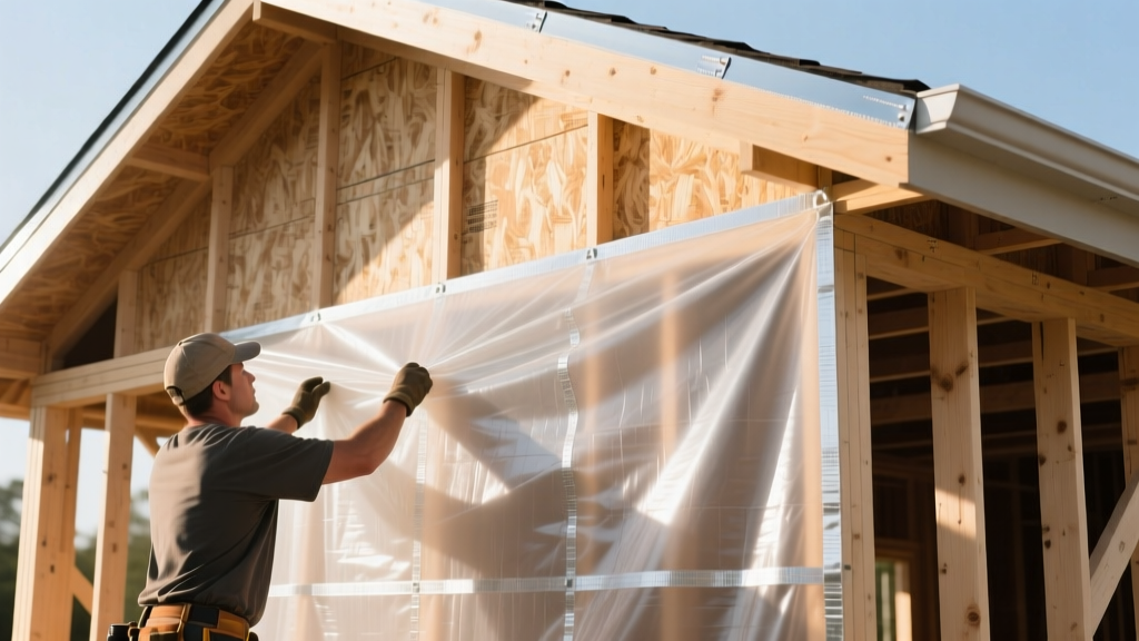 Worker installing semi-transparent synthetic house wrap membrane over OSB sheathing with taped seams and integrated metal flashing details