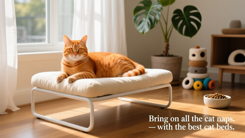 A ginger cat lounging contentedly on a modern elevated cat bed beside a sunlit living room window
