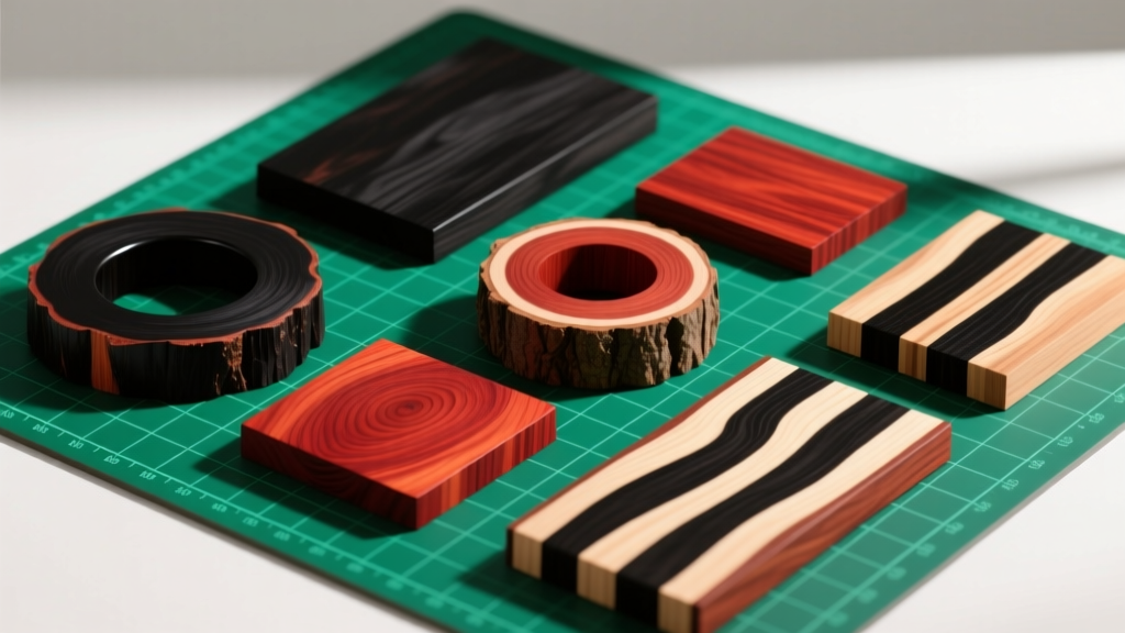 Raw hardwood ring blanks including dark ebony, reddish padauk, and striped zebrawood arranged neatly on a green self-healing mat