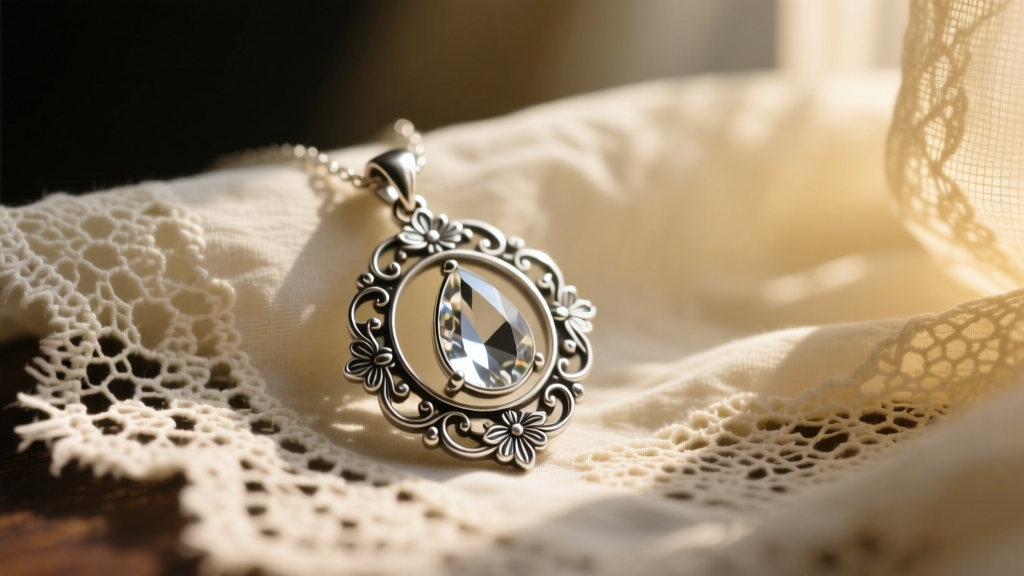 Close-up of a vintage silver halo pendant necklace resting on faded lace fabric, moody cinematic lighting, highly detailed.